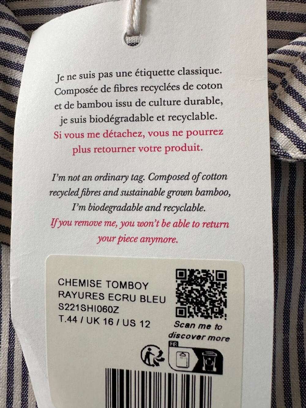 NWT Sézane Chemise Tomboy Stripe Shirt Ecru Blue Button Down Cotton 44 /US 12 - Picture 11 of 11